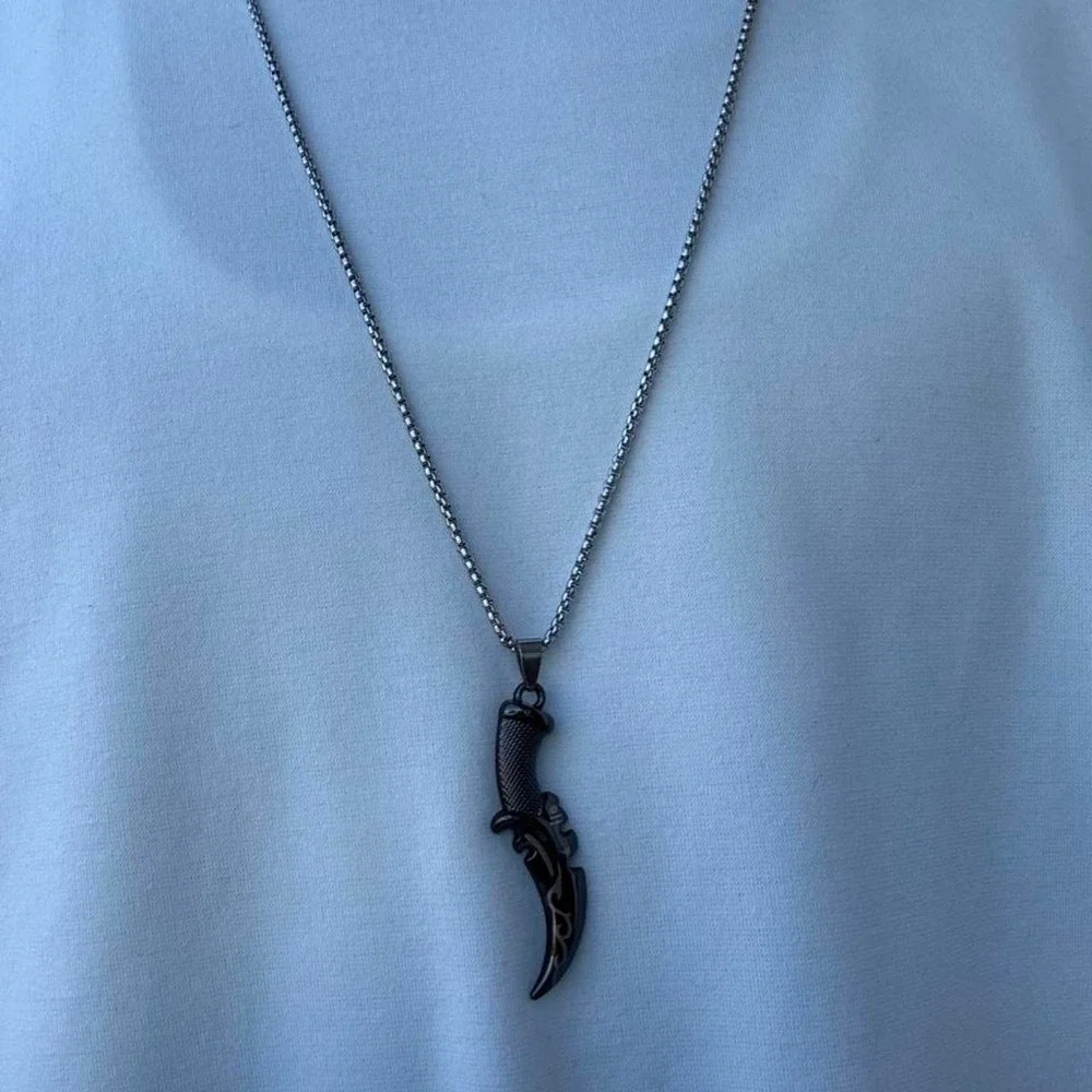 Dark Silver Sword Pendant Necklace Mens Curved Dagger Tribal Gothic 24in Chain